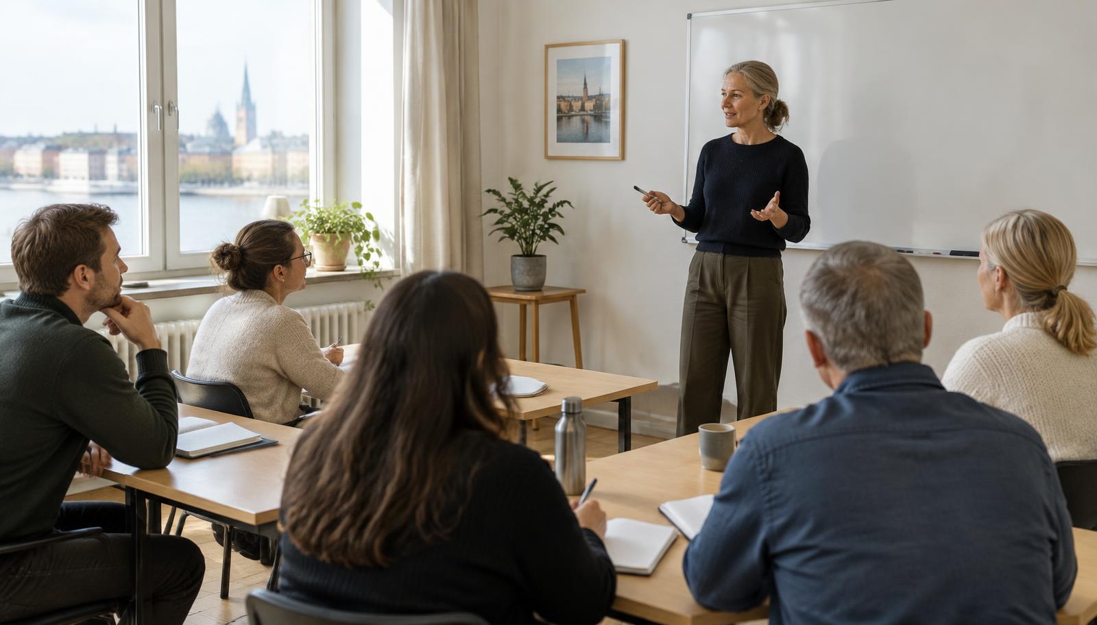 Instruktör som handleder deltagare under en praktisk övning.